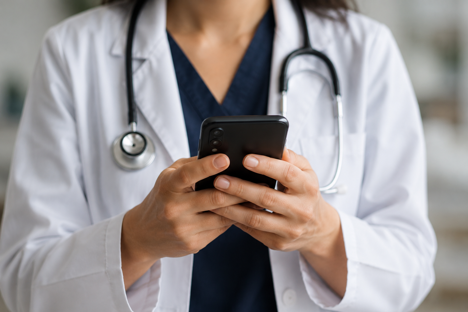 Professionnel de la santé tenant un téléphone pour une consultation à distance