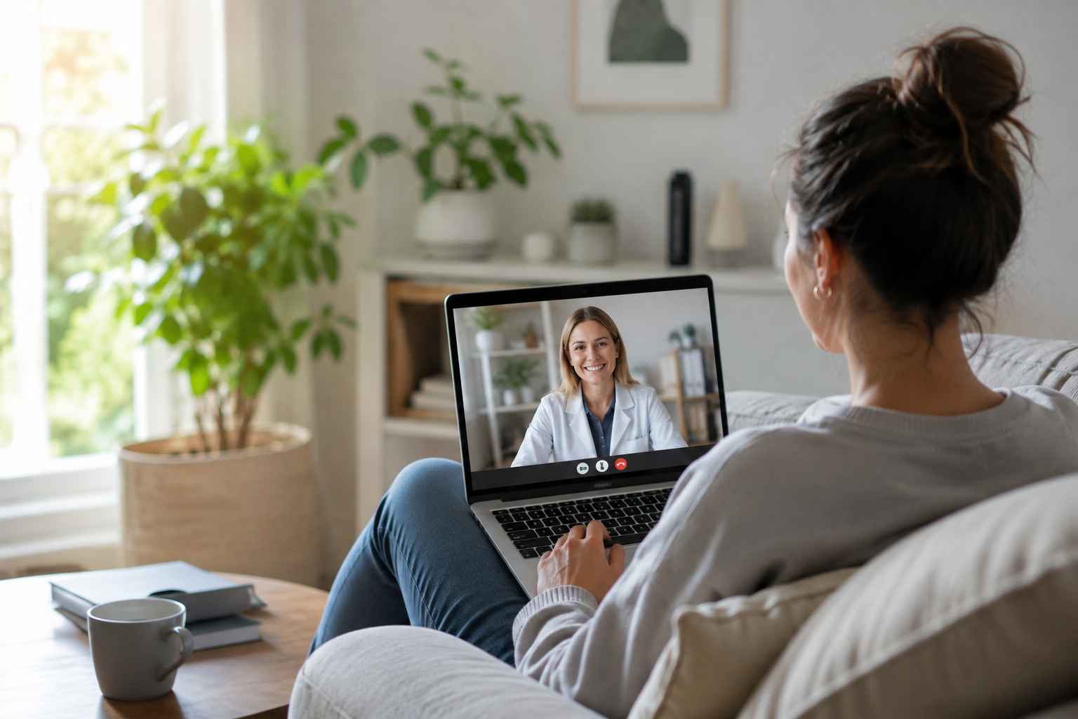 Consultation virtuelle à domicile : patiente devant son ordinateur portable avec une professionnelle de la santé à l’écran