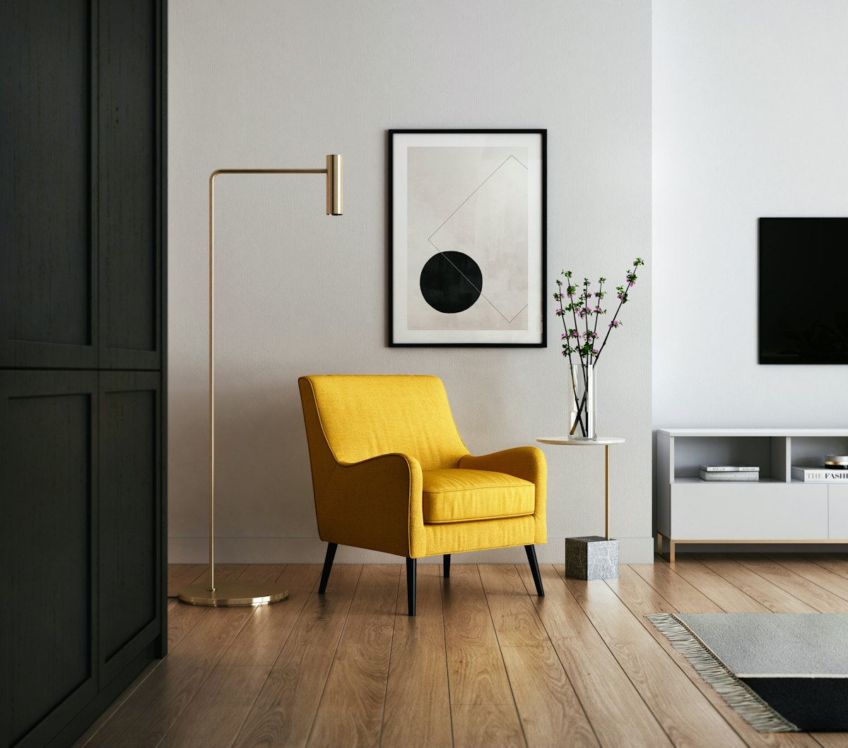Intérieur chaleureux avec fauteuil et lampe, ambiance apaisante